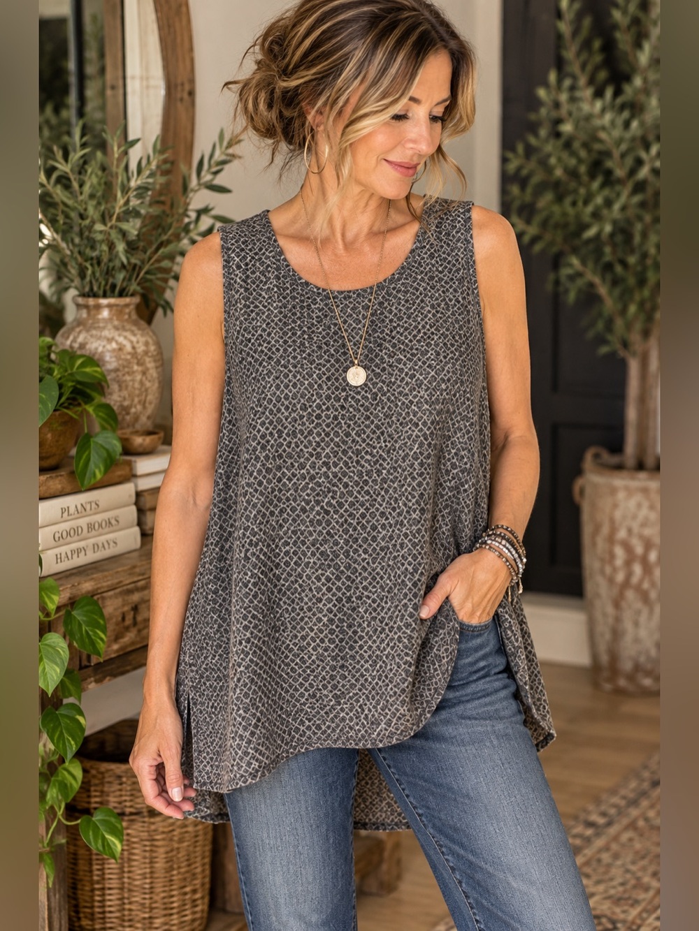 FLAX 100% Linen Swing Tank Top Women’s M Black Gray Geometric Hi Low Tunic